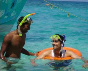 A tourist learning snorkelling in the ANdaman Sea